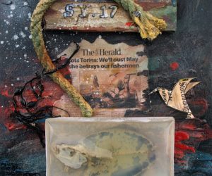 <b>Fishing Crises</b>
<br>
30x30cm
<br>
Found objects mixed media on board
<br>
£275 Fishing Crises artwork