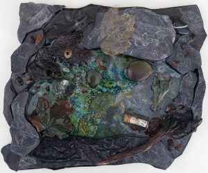 <b>You See All Kinds Of Things</b>
<br>
Mixed media, found objects and resin
<br>
P.O.A.