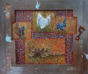 <b>Chicken Coup</b>
<br>
20x20cm
<br>
mixed media on board
<br>
£250 Chicken Coup artwork