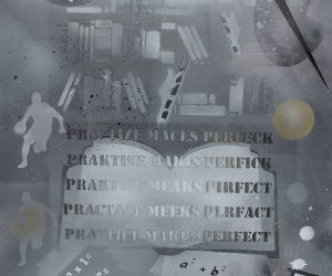 <b>Practice Makes Perfect</b>
<br>
Cut stencils and spray paint
<br>
£250 Practice Makes Perfect artwork