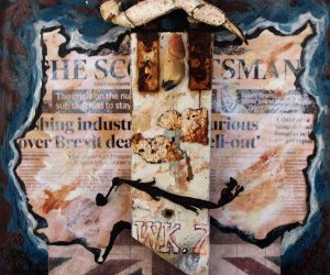<b>Not plain Sailing</b>
<br>
30x30cm
<br>
Found objects mixed media on board
<br>
£275 Not plain Sailing artwork